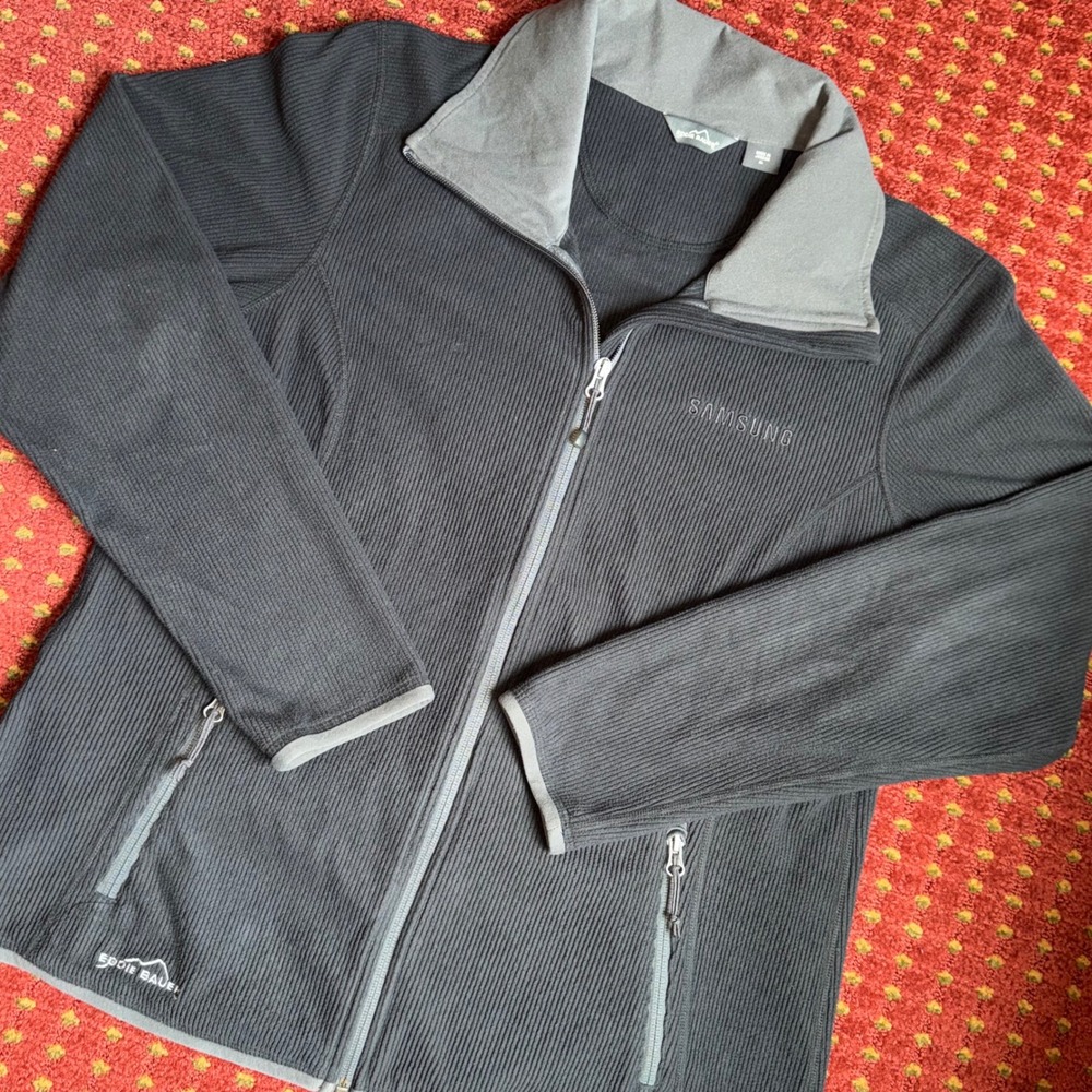 Eddie Bauer Fleece Jacket Womens XL Black Excellent Ribbed Full Zip Samsung